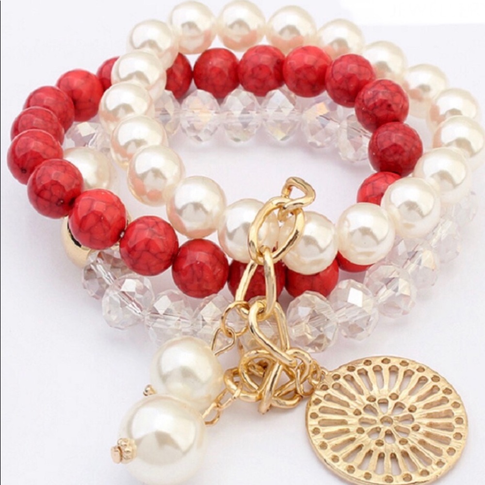 Cherry Pink Charm Multi Layer Pearl Bracelet New